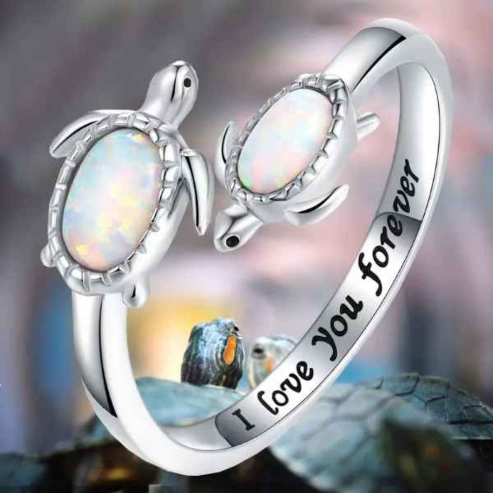 Turtle Design Ring I LOVE YOU Letter Open Adjustable Statement Ring